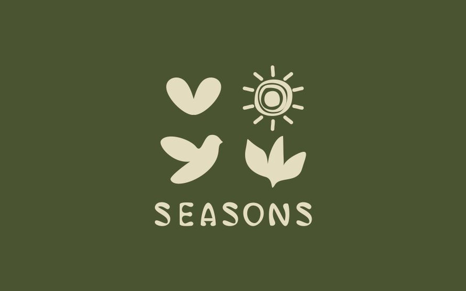 Seasons wedding photography logo, a heart, a sun, a bird and a sprout in a grid above the hand drawn Seasons wordmark, cream on olive green