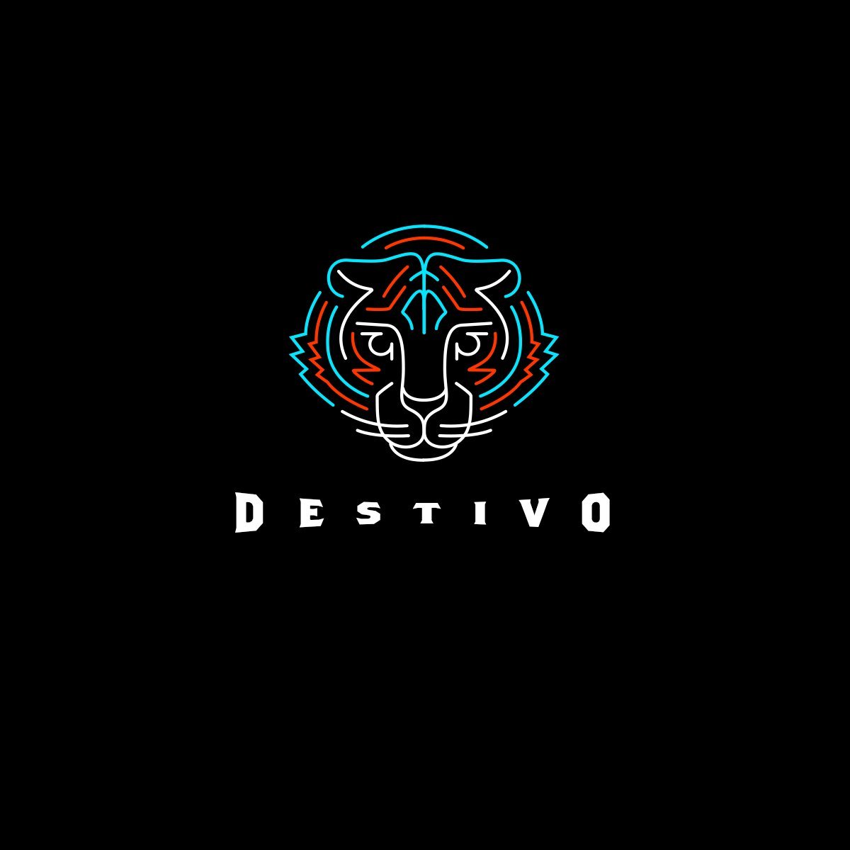 Tequila brand logo, a line art tiger face in cyan, orange and white above the Destivo wordmark
