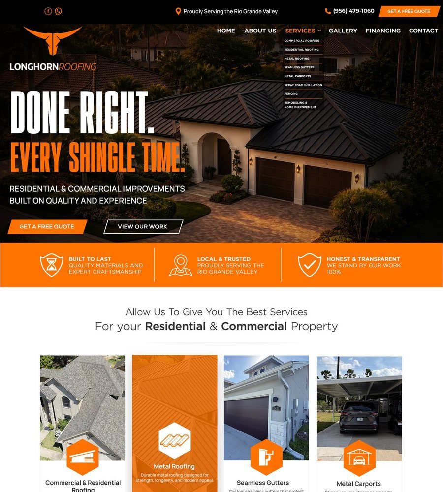 Longhorn Roofing website design in black and orange