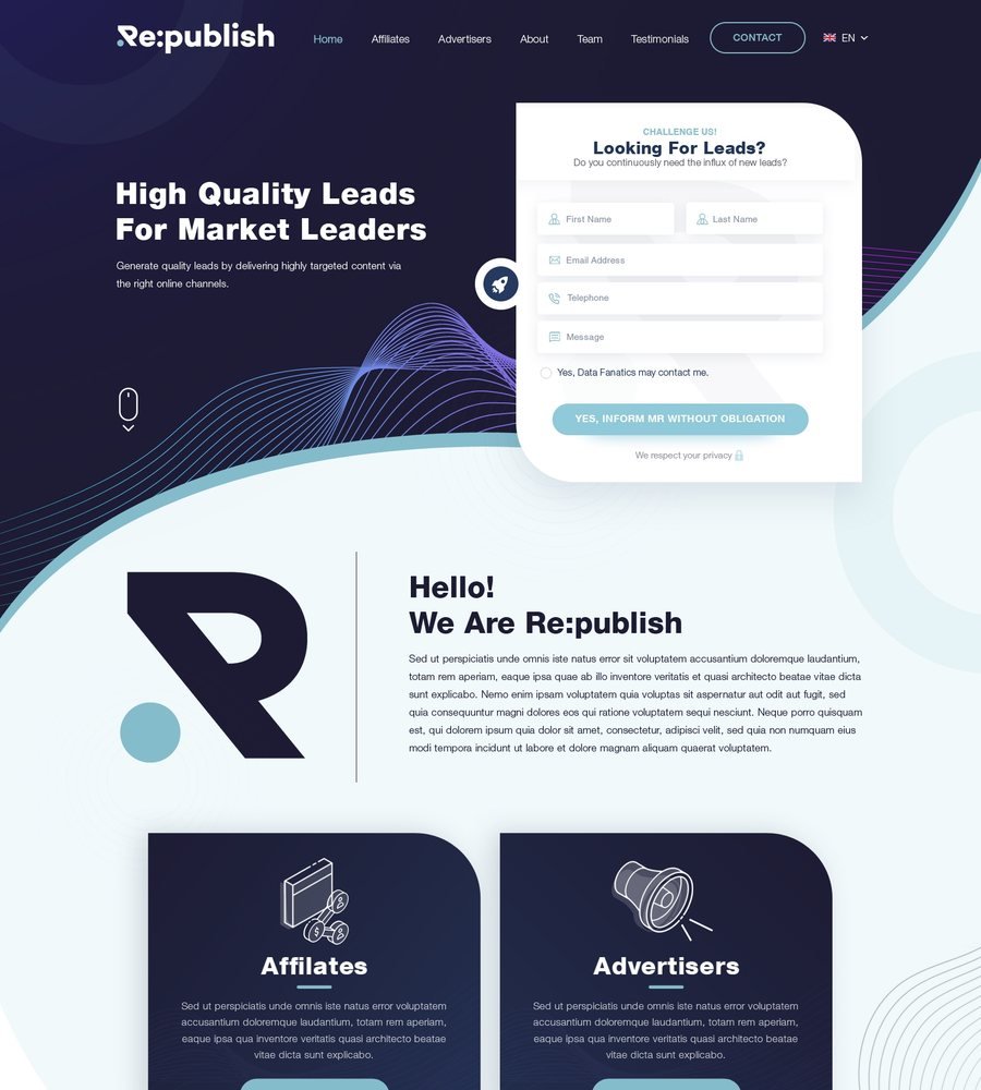 Re:publish lead generation website design in navy with a lead form hero